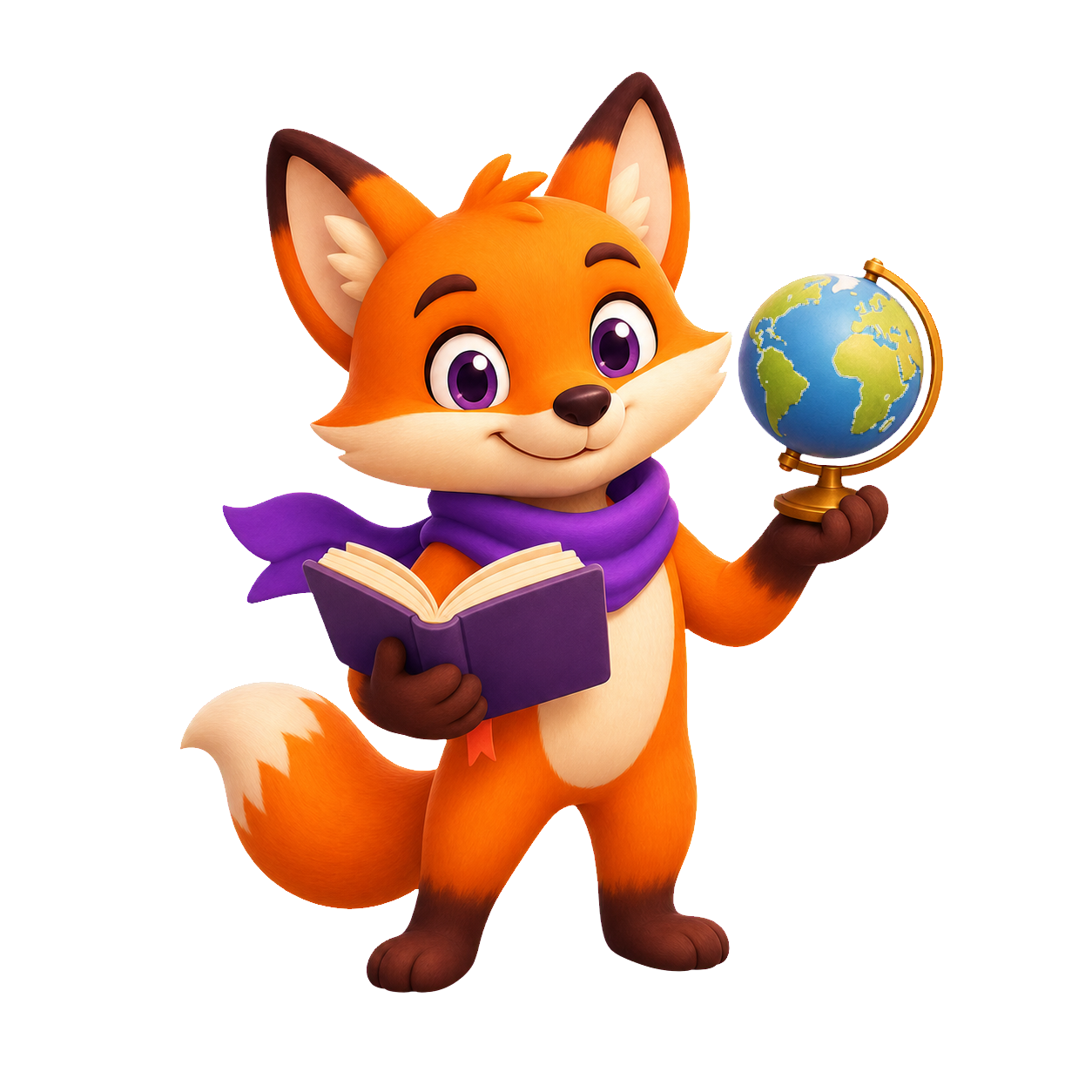 NymFox fox mascot with a book and globe for language names on the Spanish Name Generator page